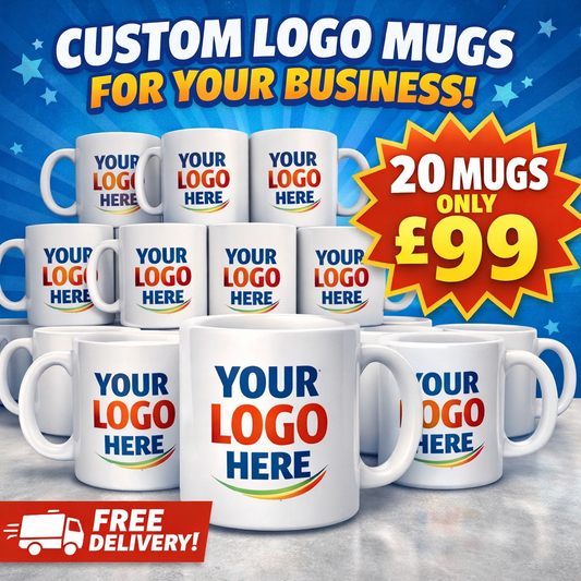 20 Custom Logo Mugs Personalised Company Branded Coffee Cups Bulk Printed Mugs Free Delivery
