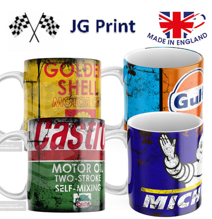 4 Pack Retro Oil Can Mug Collection – Shell Gulf Castrol Michelin